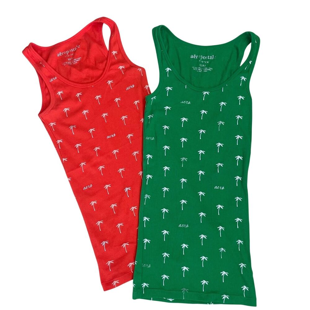Aeropostale Y2K Palm Tree Ribbed Tank Top Bundle Green & Coral Sz M- Beach Vibes